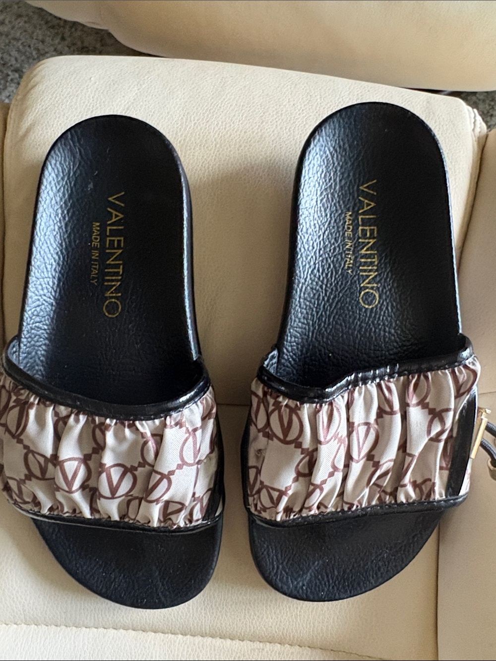 Valentino Black Slides with Beige Monogrammed Strap